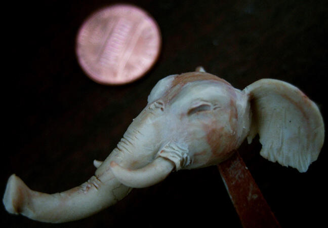 Sculpted clay elephant head not much larger than a penny