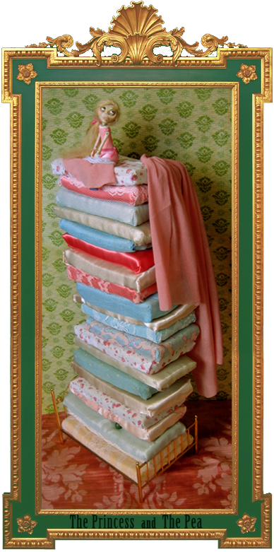 A tiny sculpted clay doll with blonde Mongolian wool hair, sitting atop a stack of 20 multicolored floral silk mattresses atop a tiny golden bed frame.