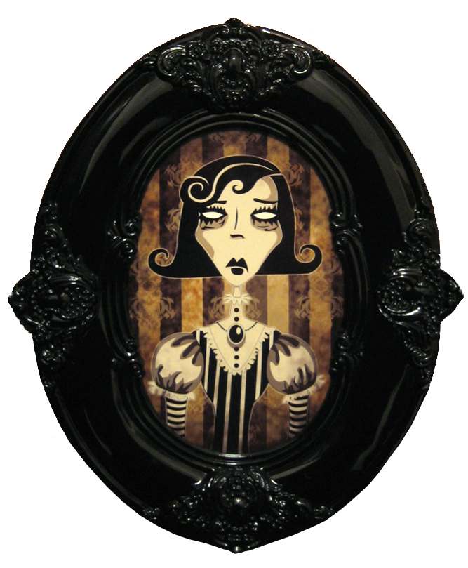 Flora An illustration of a spooky Victorian woman with whited-out eyes, wearing fancy Victorian clothes with frills and stripes and a large pendant, on a striped wallpaper backdrop, framed in a black high-gloss oval Victorian picture frame