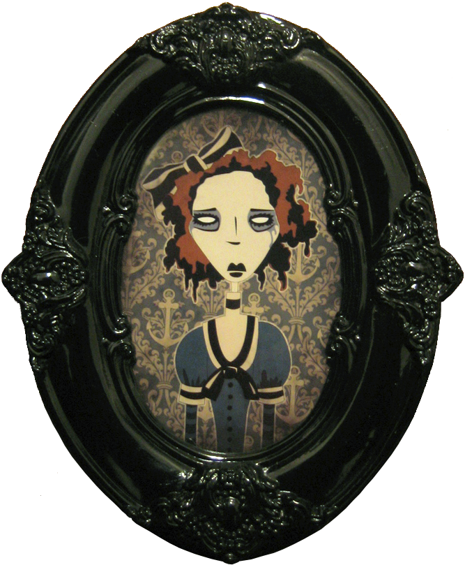 Eudora An illustration of a pale, ghostly Victorian woman with soggy hair, wearing a fancy Victorian sailor outfit with puff sleeves and stripes, on a blue damask wallpaper backdrop, framed in a black high-gloss oval Victorian picture frame