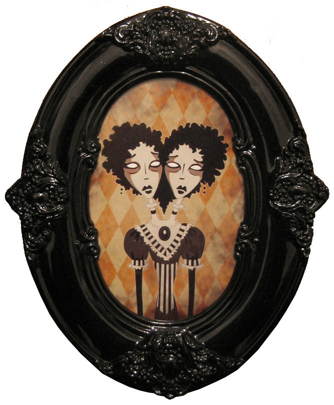 Violet and Vivian An illustration of a spooky Victorian woman with two heads, wearing fancy Victorian clothes with frills and stripes and a large pendant, on a harlequin diamond backdrop, framed in a black high-gloss oval Victorian picture frame