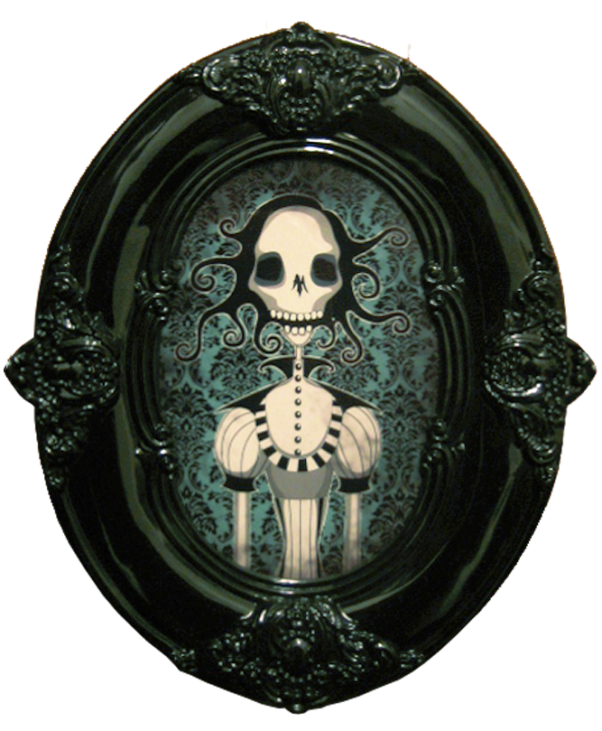 Mary Ann Cotton An illustration of a spooky Victorian woman with a skull for a face, wearing fancy Victorian clothes with frills and stripes, on a blue damask wallpaper backdrop, framed in a black high-gloss oval Victorian picture frame
