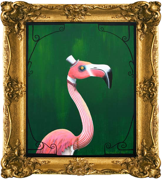 Aloycious A. Flamingo Whimsical painting of a pink flamingo in dapper attire - a tiny white top hat, striped pink and white collared shirt, and pink feather cape, standing against a green background, in an ornate gold frame
