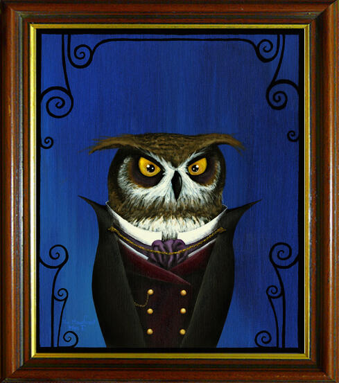 Byron A. Hornedowl Sinister portrait of a spooky brown horned owl with golden eyes and a vampiric gaze, wearing a dark, sharp collared coat with a burgundy velvet vest, against a blue background.