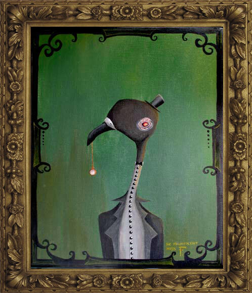 Chauncey A. Rockdove Quirky painting of a small wonky purple-gray pigeon wearing a button up shirt and suit jacket, holding a small pocket watch in his beak and wearing a tiny top hat, standing against a green background in an ornate gold frame