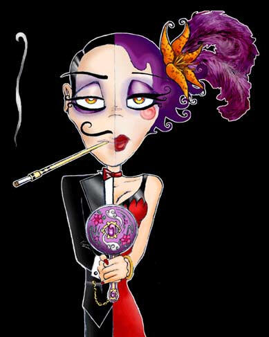 Claude-ette A brightly colored illustration of a circus performer, painted down the middle to be a purple haired woman in a red dress on one side, and a raven haired gentleman on the left, with a long cigarette holder and an ornate mirror in their hands.