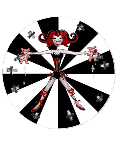 His Lovely Assistant A brightly colored illustration of a circus performer - a woman with red and black striped hair, tied to a large black and white striped spinning wheel, holding pink teddybears while daggers are thrown all around her