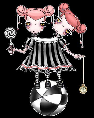 Priscilla and Peach A brightly colored illustration of a circus performer - a two headed girl with pink hair in buns, wearing a black and grey striped dress and balancing atop a black and white checkered ball, holding a pocket watch and a spinning mesmerizing disk in their ha