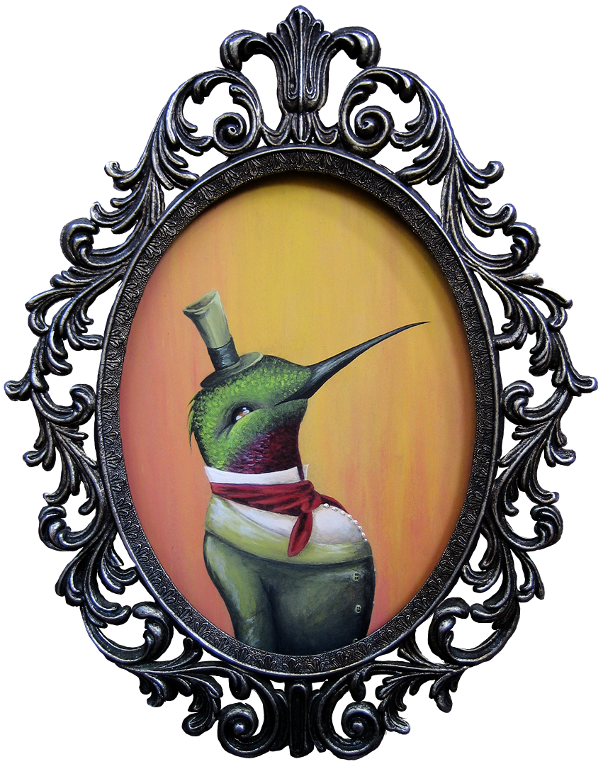 Oliver A. Hummingbird Whimsical Victorian-style painting of a small dandy green hummingbird wearing a green suit and a very tall hat, framed in an ornate oval frame.