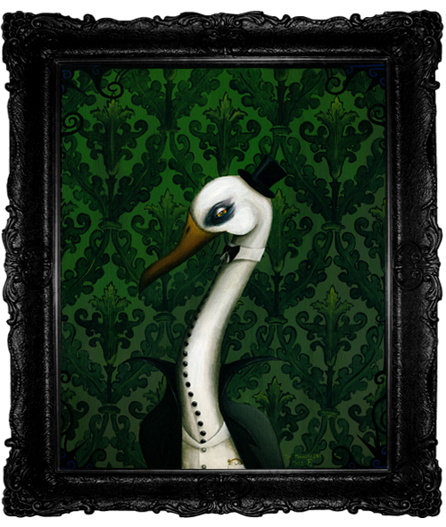Lysander A. Albatross Gothic portrait of a sinister tall white heron wearing a tall button up collar and stiff collared suit jacket and top hat, standing against a deep green botanical wallpaper background.