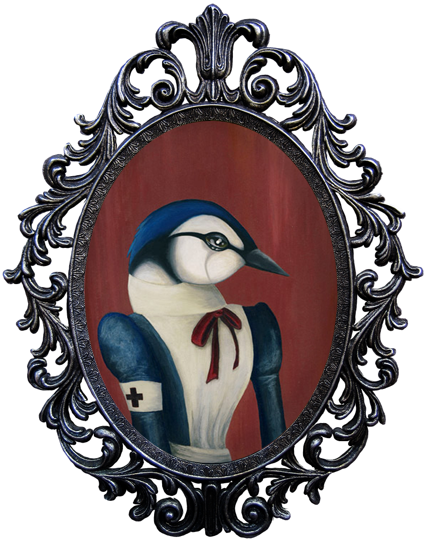 Mercy A. Bluebird Charming painting of a sad bluebird with a tearstained cheek, wearing a vintage nurses uniform, in an ornate oval frame.