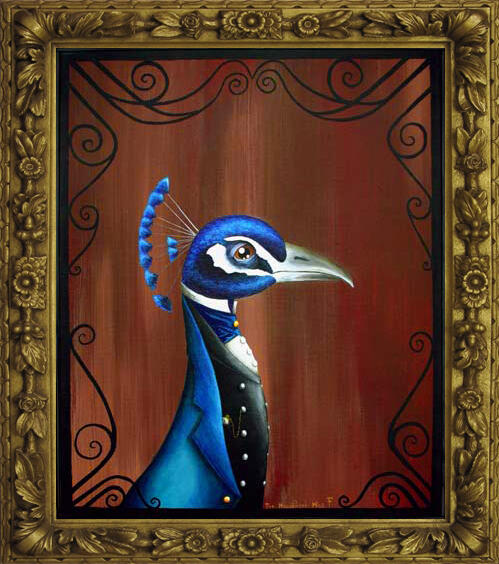 Thaddeus A. Peacock Portrait of a blue peacock dressed in a fine suit and vest, set against a warm brown background in an ornate gold frame.