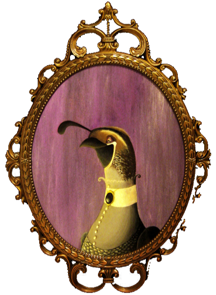Marjory A. Quail Spooky uplit Victorian-style painting of a quail wearing a collared button up dress with a jeweled brooch, in an ornate oval frame.