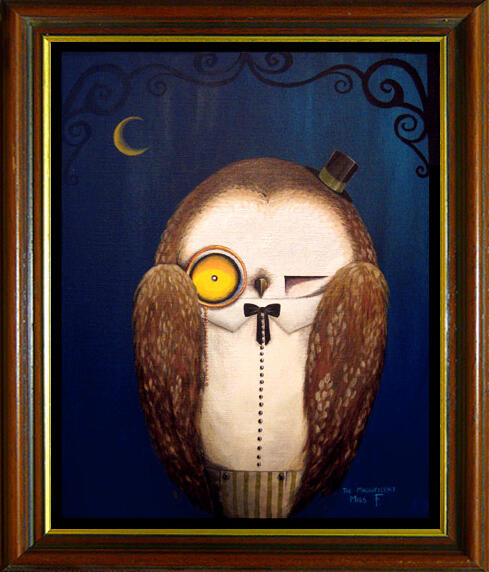 Winthrop A. Owl Whimsical Victorian-style portrait of a round white barn owl with speckled wings, a button up shirt with a collar and bowtie, and a monacle, against a deep blue night sky