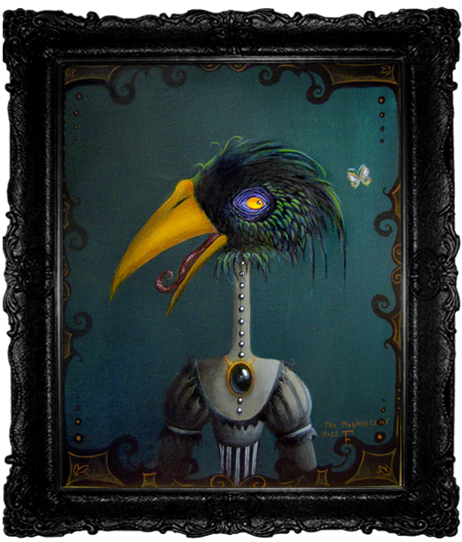 Iphignea A. Magpie Gothic portrait of a quirky Victorian magpie with a bright yellow beak and green-black plumage, wearing a grey collared dress with striped puff sleeves and a large black brooch.