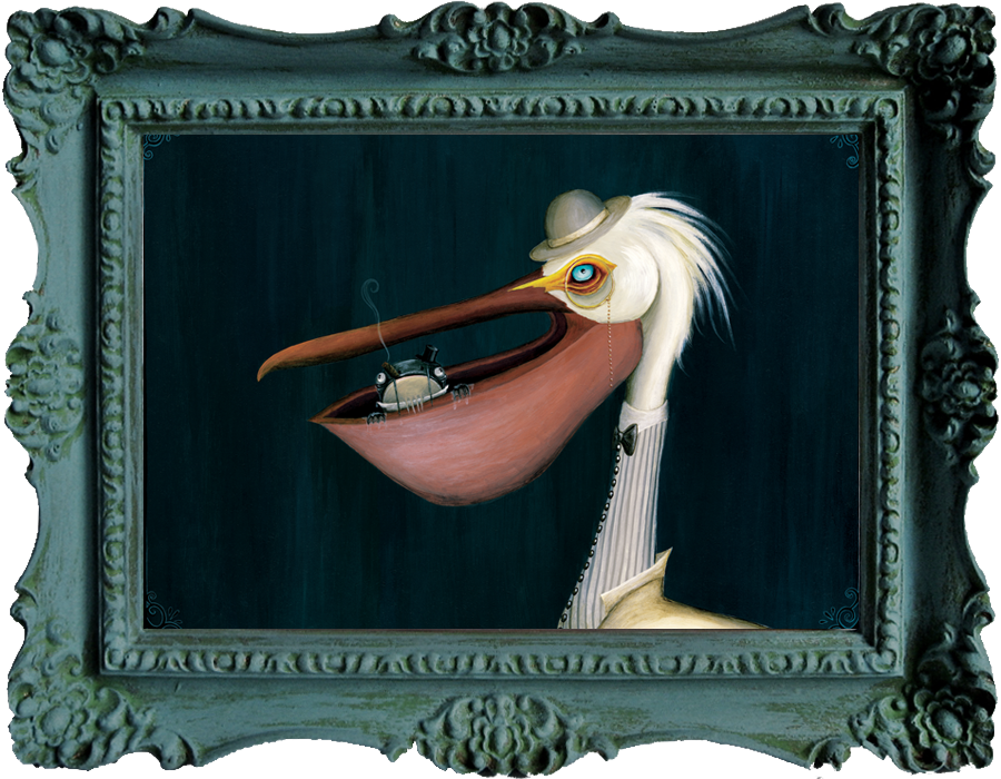 Fingers A. Pelican and Jimmy The Fish Victorian-style painting of a white pelican mobster with a monocle and a tall striped collar, bow tie, and cream jacket, holding his little partner in crime - Jimmy The Fish, in his enormous bill, against a dark teal background.
