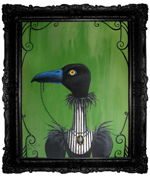 Lenore A. Raven Victorian-Gothic portrait of a black raven with a bright blue beak, wearing a black-and-white striped collared dress with black puff sleeves and a brooch depicting an urn, against a green background.