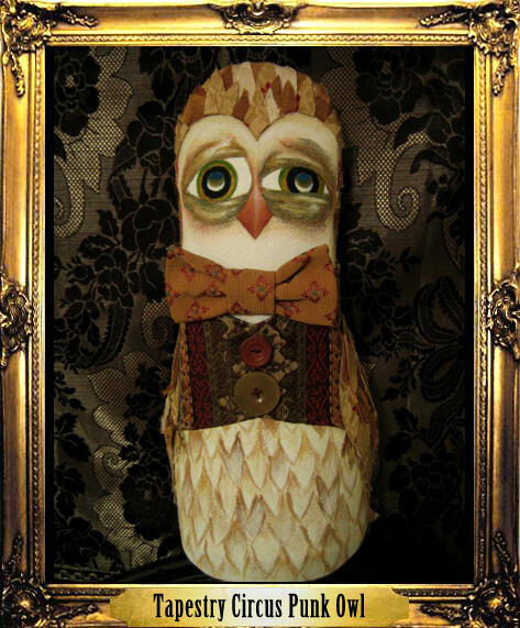 Elle Phuntte Old fashioned circus punk knock-down doll in the shape of an owl in a vest and bowtie made out of vintage patchwork tapestry