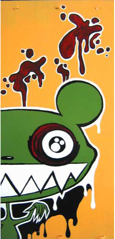 Lurk Wide eyed green mouse-like creature with sharp teeth in an urban style with dripping splatters of paint