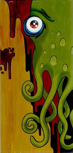 Ooze Wide eyed green octopus-like creature in an urban style with dripping splatters of paint