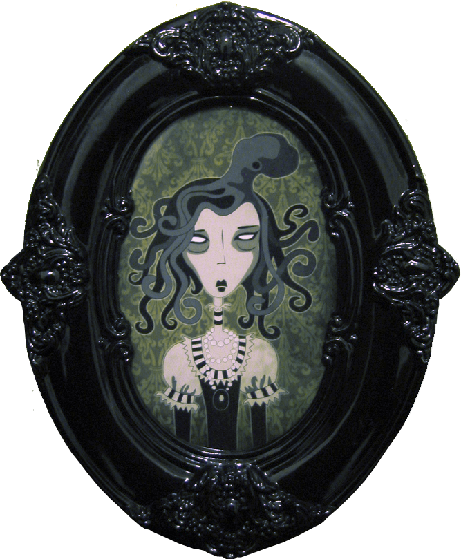 Zylphia An illustration of a spooky Victorian woman with an octopus in her hair, wearing a fancy Victorian outfit with puff sleeves, pearls, and stripes, on a greenish damask wallpaper backdrop, framed in a black high-gloss oval Victorian picture frame