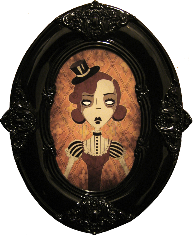 Vertiline An illustration of a ghostly Victorian woman with a tiny top hat fascinator, wearing fancy Victorian clothes with frills, puffed sleeves and stripes, on a diamond wallpaper backdrop, framed in a black high-gloss oval Victorian picture frame
