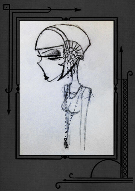 Flapper Sketch of a flapper with a cropped bob and ornate hair jewelry