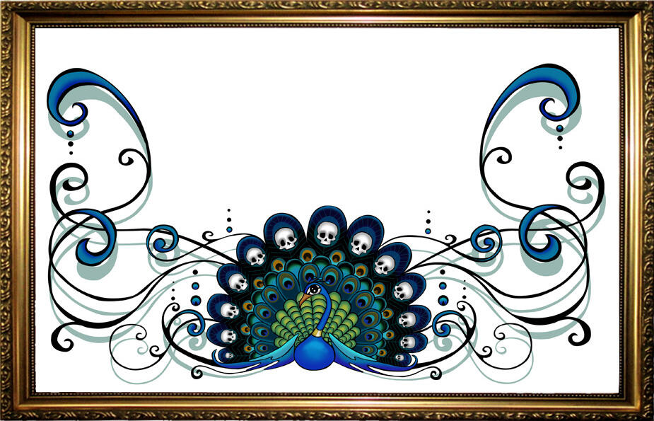 Belle Mort Peacock Illustration A peacock in shades of blue green and aqua with skulls adorning its spread wide tail and ethereal curving feathers in a somewhat Art nouveau style extending from its sides and framing it