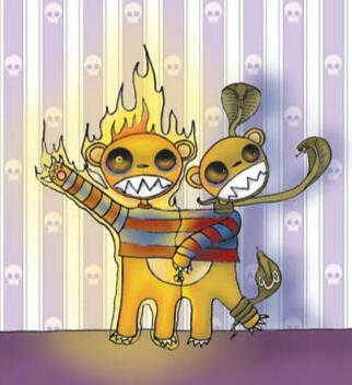 Max & Jax Darkly humorous illustration of conjoined teddy bear brothers surrounded by flames and threatening snakes.