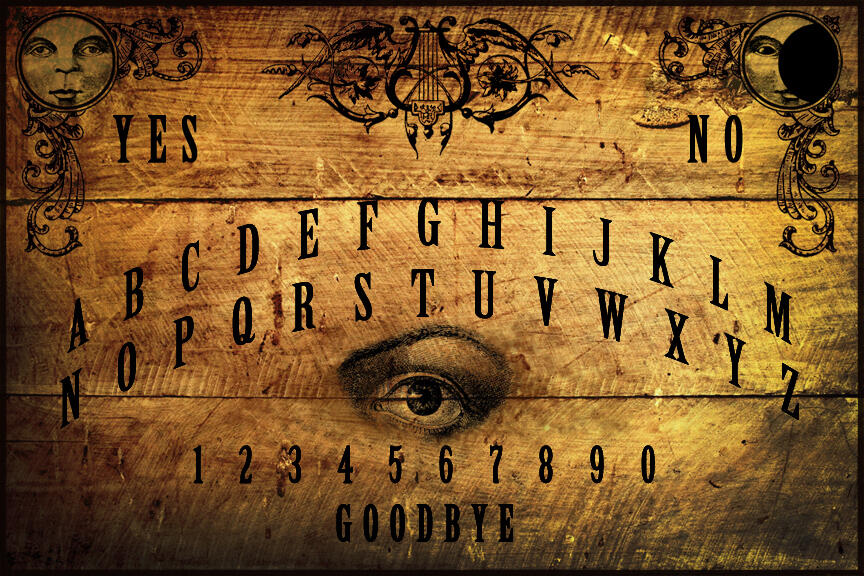 Illustration for the Bramble & Briar contact section. A Ouija board with a vintage eye illustration in the center and a Sun and Moon in the corners