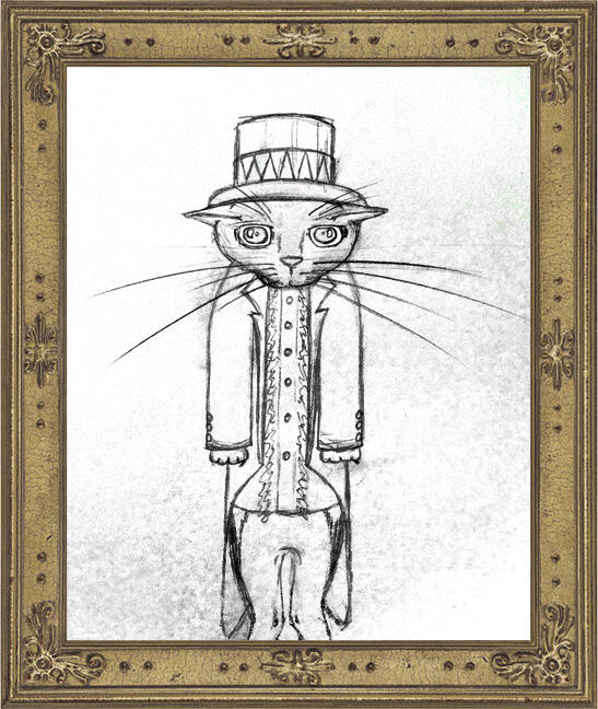 Just A Hooman Whimsical sketch of a formally dressed cat pretending to be a human, wearing a hat and tailed jacket without trousers.