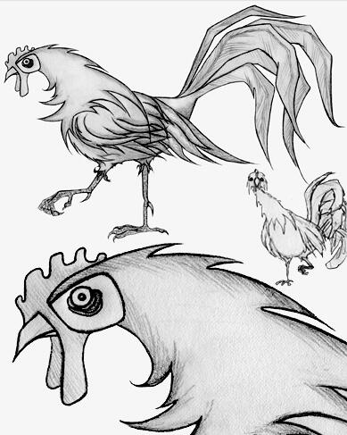 Cock Block Whimsical sketch of a rooster with a dramatically menacing expression.